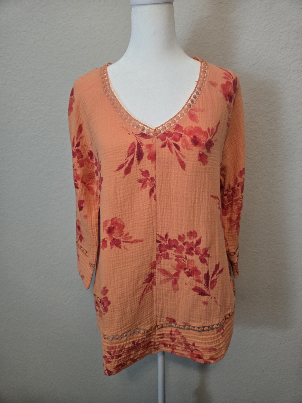 Soft Surroundings Peach and Red Floral V-Neck Tunic
